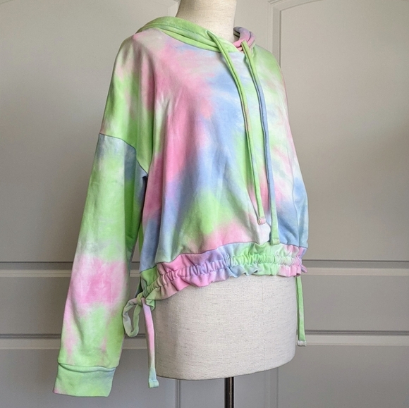 Blank NYC Hoodie Tie Dye Long Sleeve Pullover Ruched Hem Ties Multicolor M NWT - Picture 4 of 16